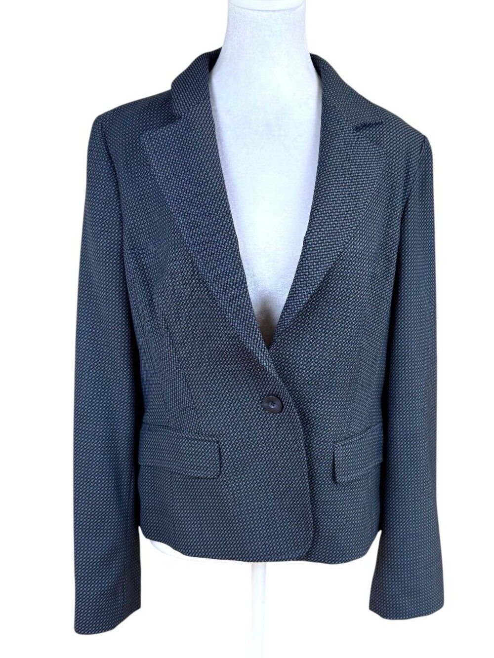 Wrap London Blazer Wool Blend Gray Blue Textured One Button Close Tailored (12)